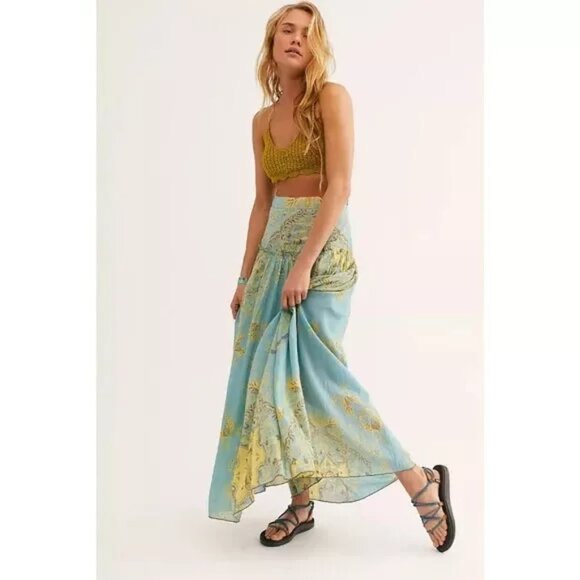 FREE PEOPLE Farrah Maxi Skirt Floral Boho Drop Waist Partially Lined - Picture 2 of 10
